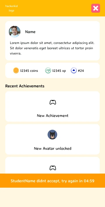 The student profile: coins, XP, rank and recent achievements