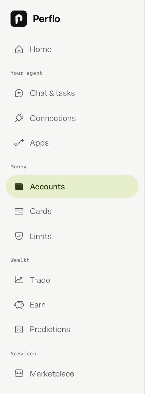 Perflo 2 sidebar: Your agent, Money, Wealth and Services