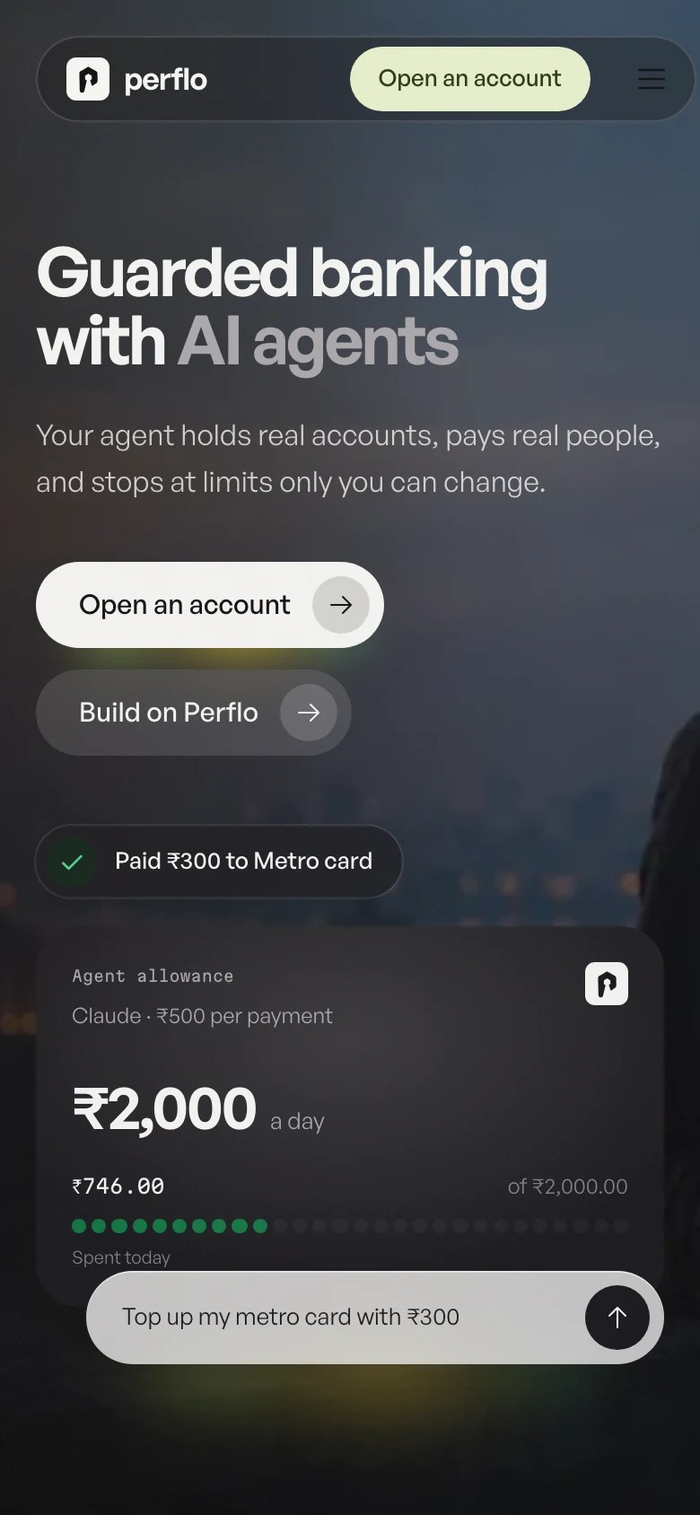 Perflo 2 landing page on a phone