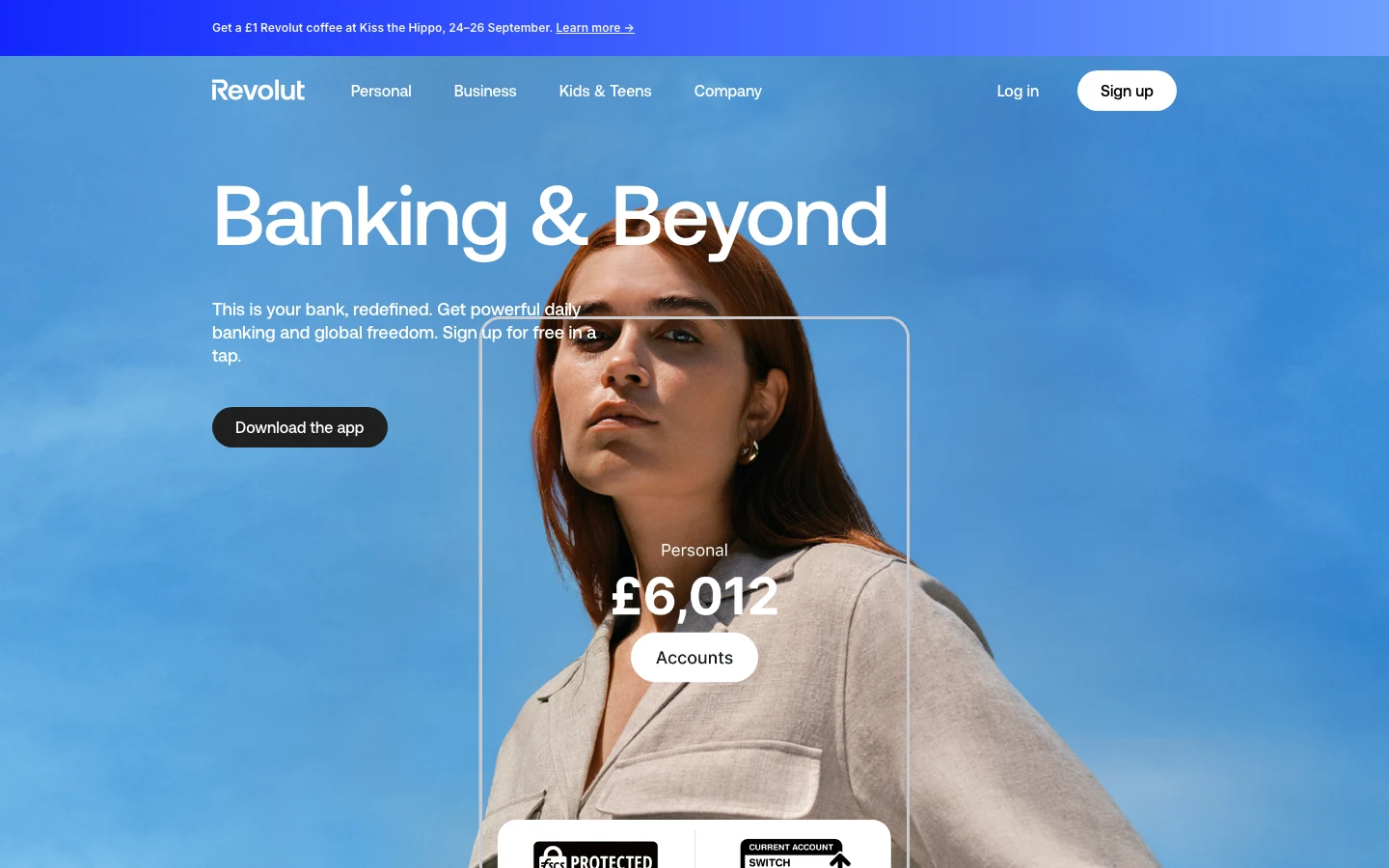 Revolut: real product UI floating over photography