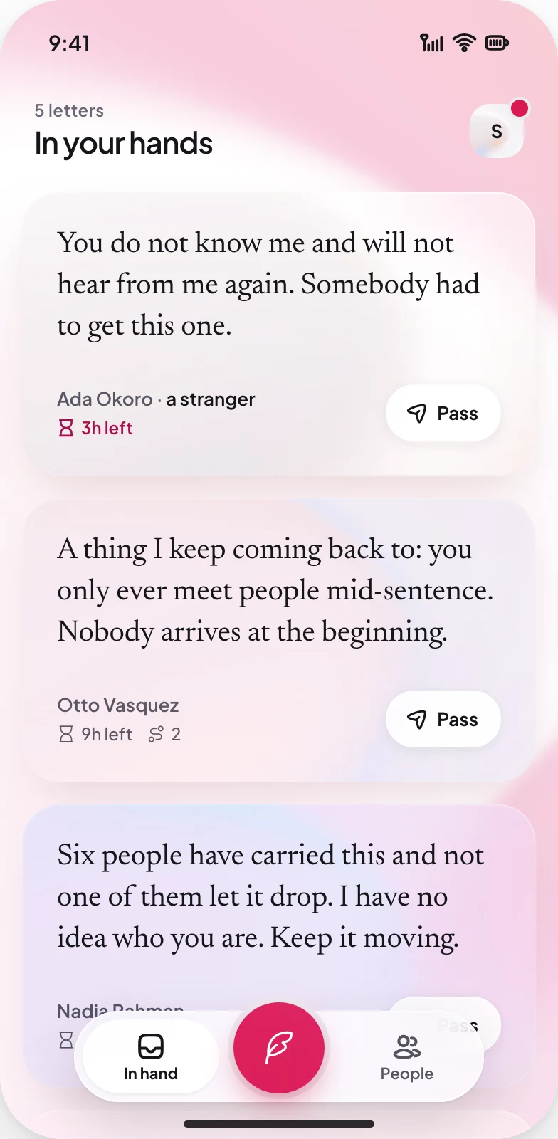 In your hands: the letters you hold, each with the time it has left