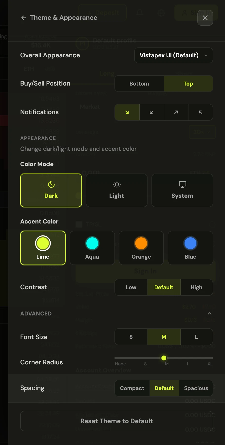 The appearance settings: font size, corner radius and spacing