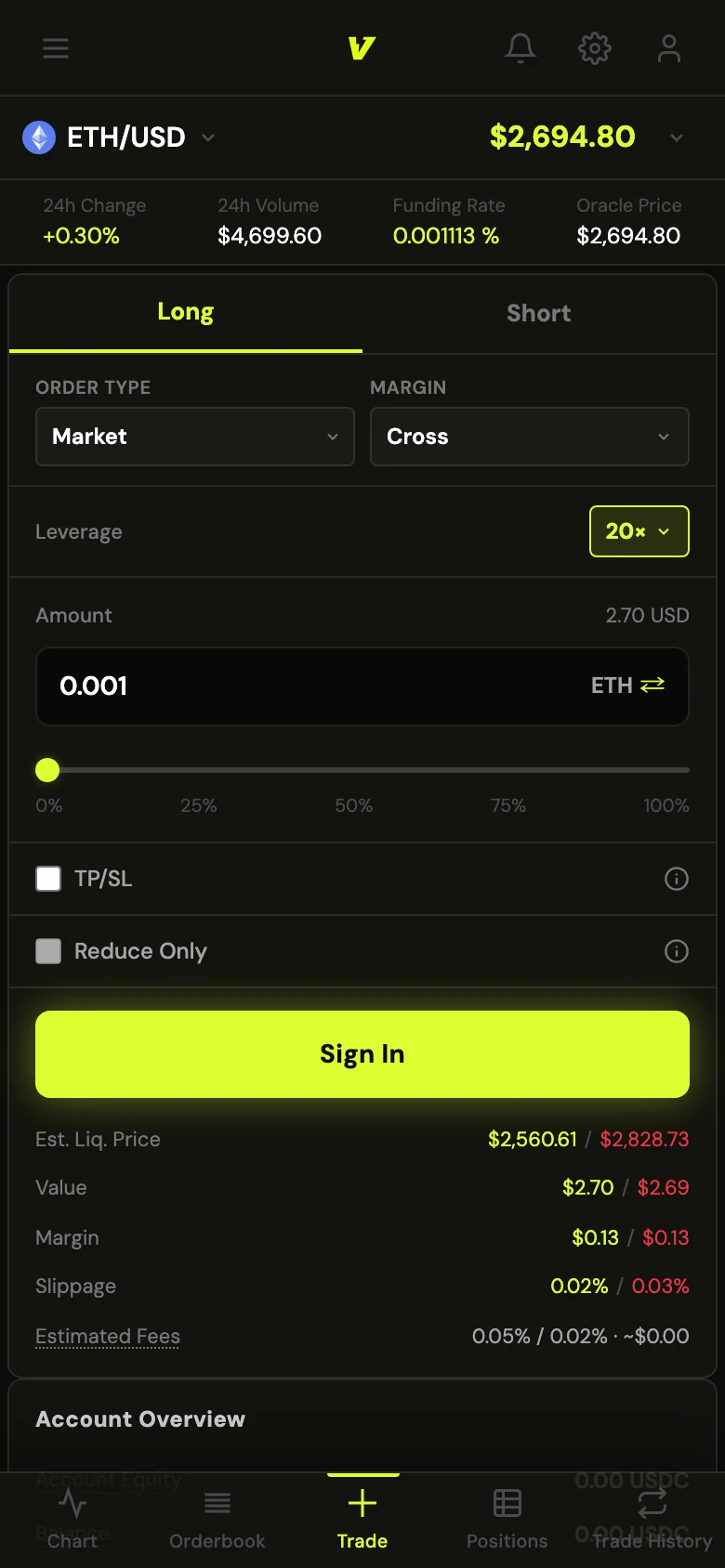 The Vistapex order screen on a phone, with Chart, Orderbook, Trade and Positions in the bottom nav