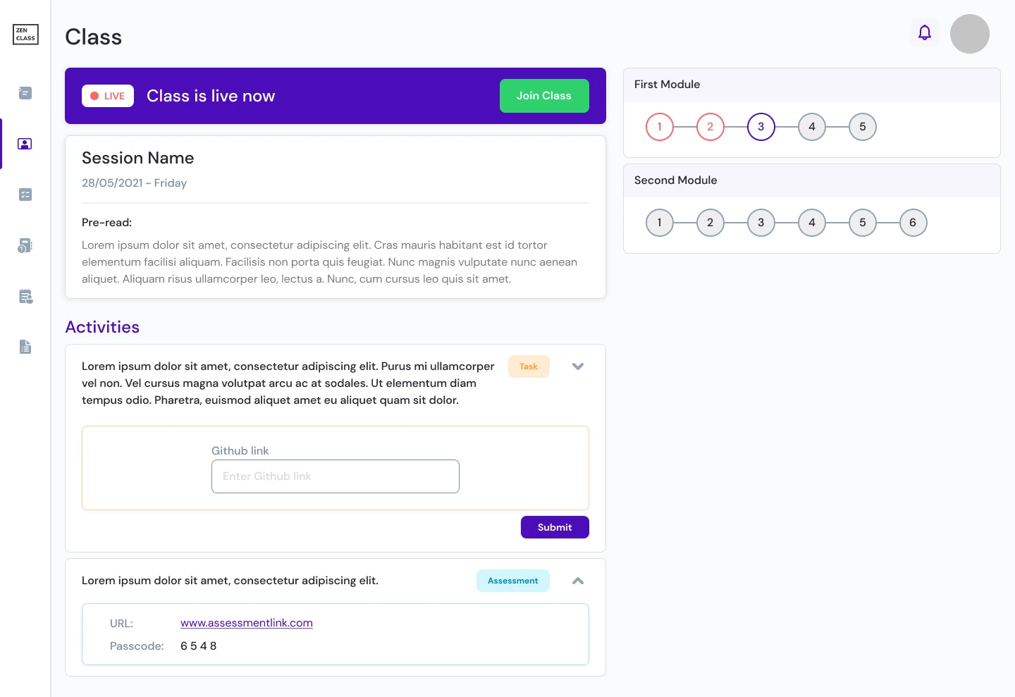 ZenClass: a class with its session, activities and task
