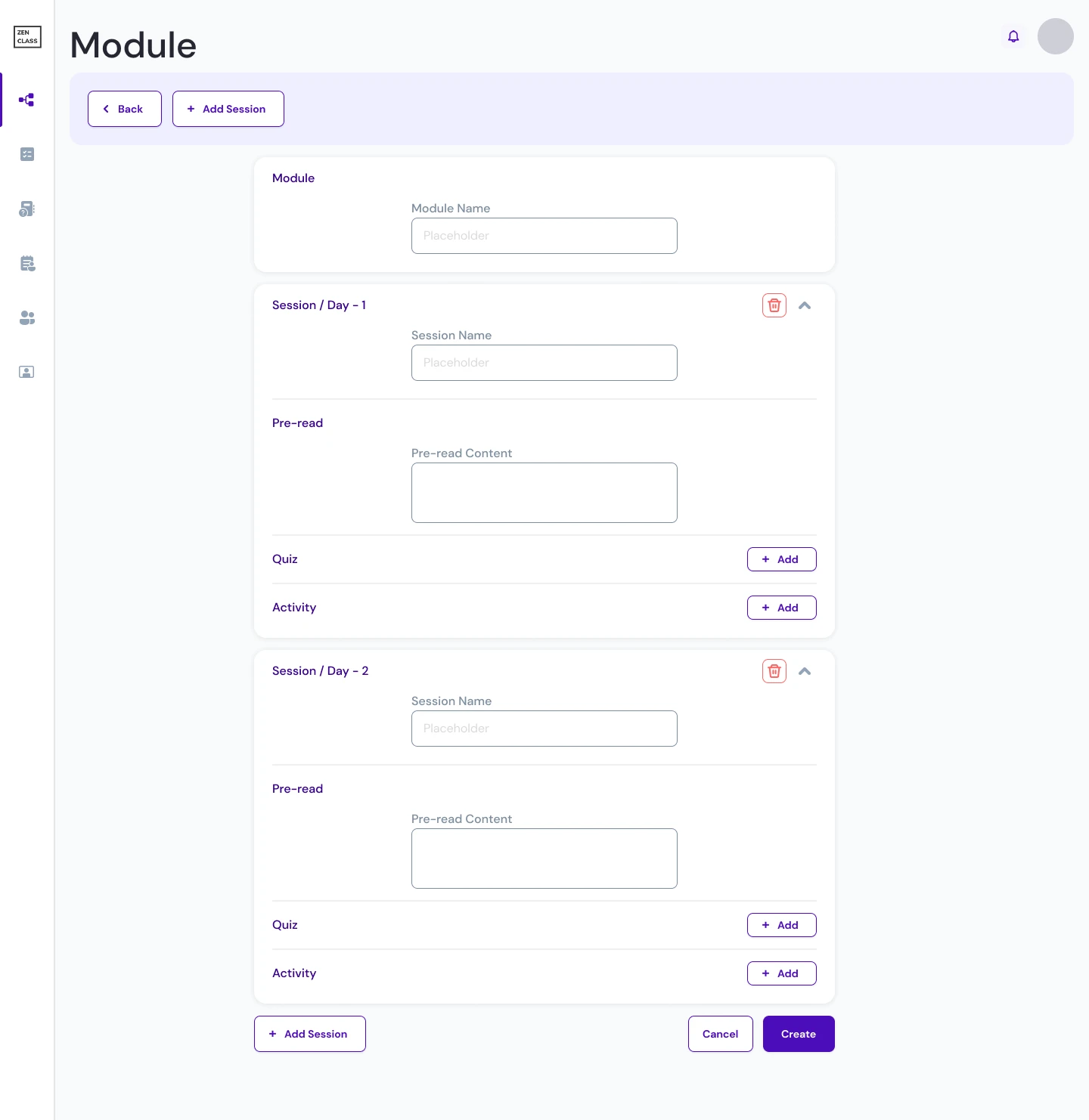 Create module: sessions, resources and tasks