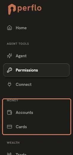 **Navigation 1, the sidebar.** Money lives here first: a Money group with Accounts and Cards.