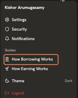 **Navigation 4, the profile menu.** A money feature that exists **nowhere else**: the highlighted guide is the only route to borrowing in the product.