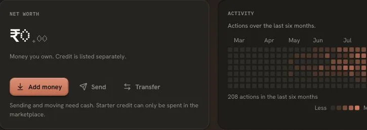**Accounts.** One honest statement: net worth is ₹0.00, and the credit is listed separately with what it can and can't do.