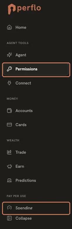 **The sidebar.** Permissions and Spending, highlighted: two entries, two screens, one object.