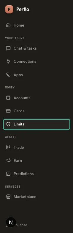 **One destination: Limits.** Permissions and Spending collapsed into a single entry, in the Money group.