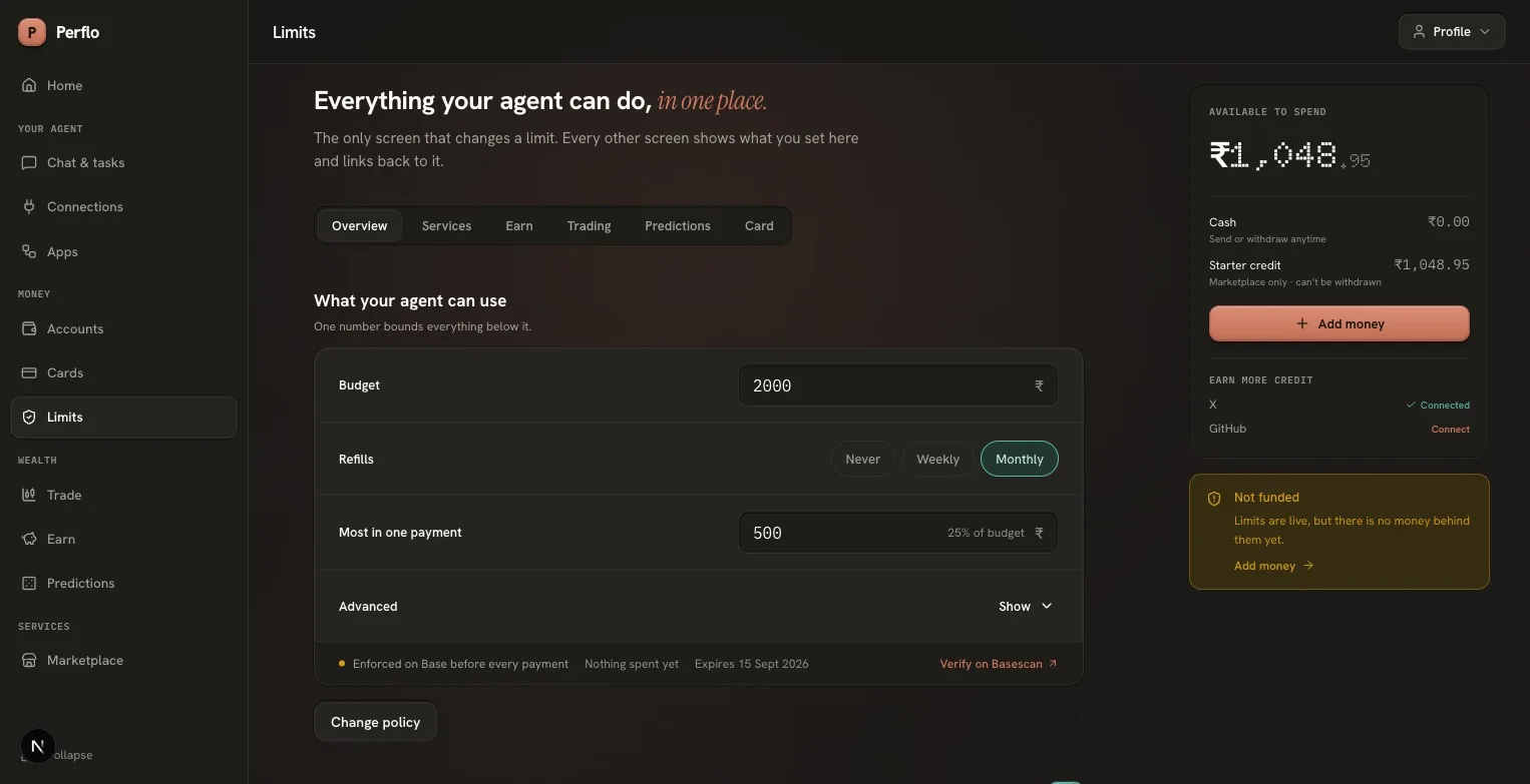 One scrolling page with section tabs, budget card and adjustable rules.