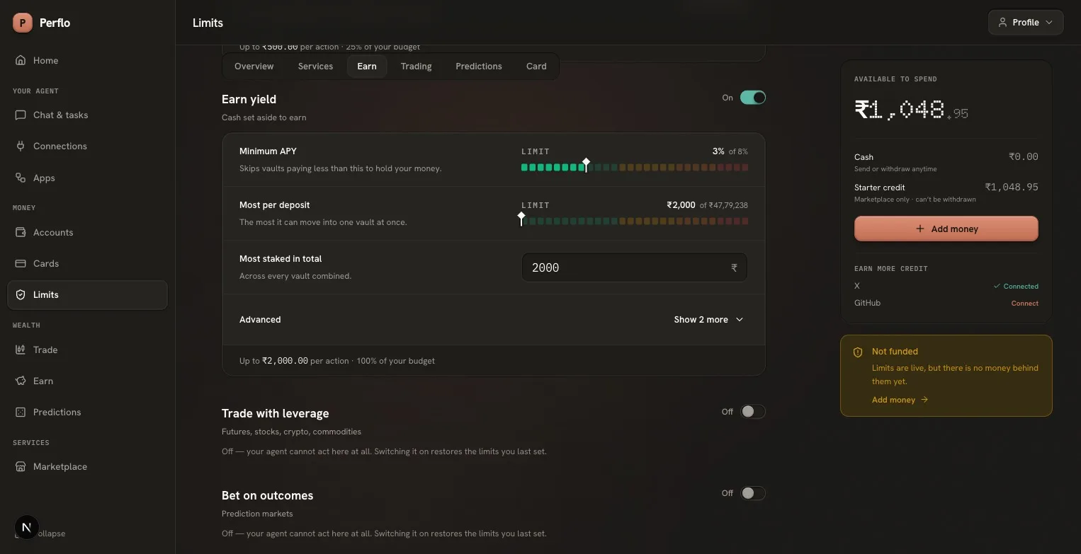 Scrolled to the Earn area: segmented ramp sliders for minimum APY and per-deposit cap, with the Earn section tab highlighted.