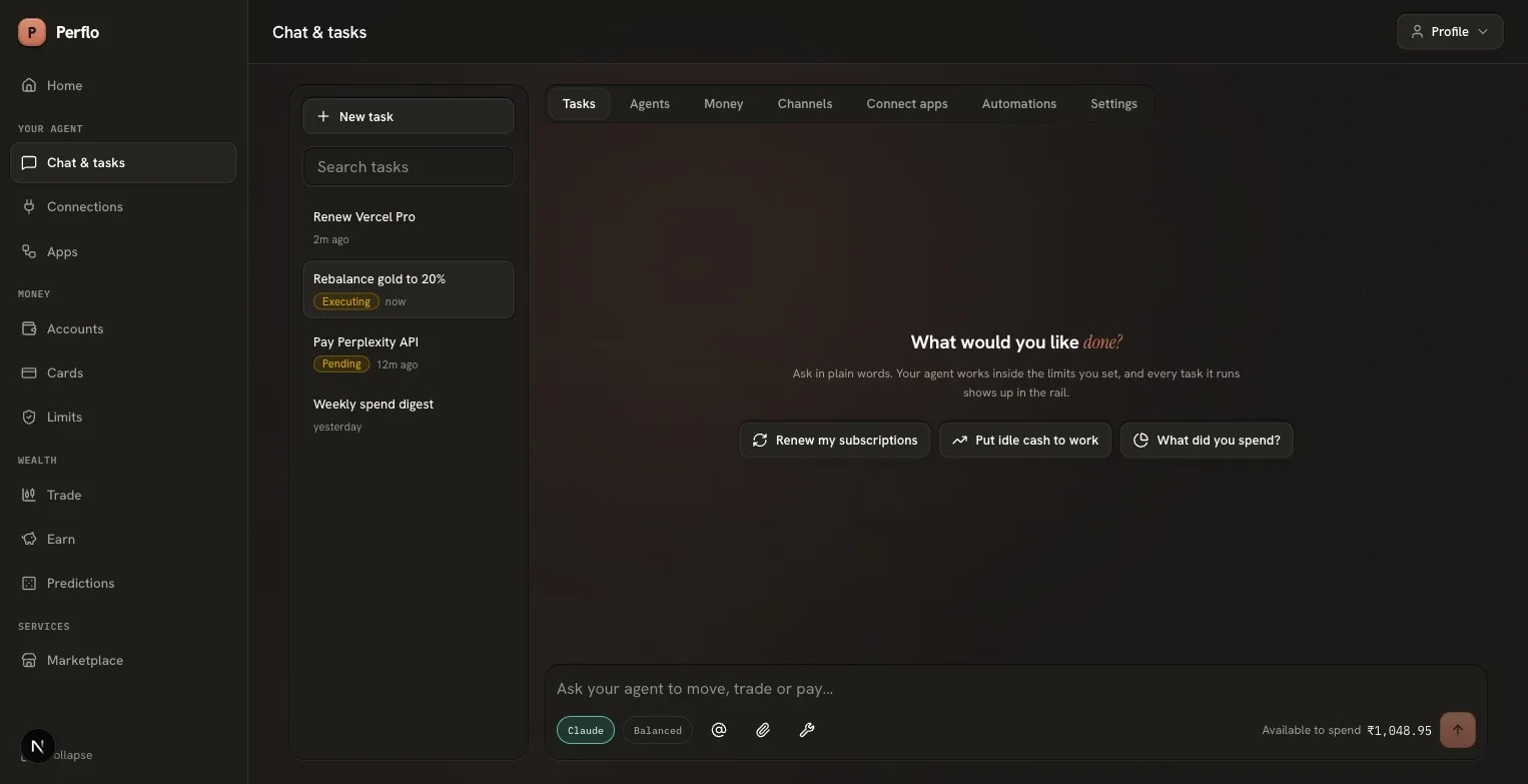 Task rail, tabs and composer inside the app shell.
