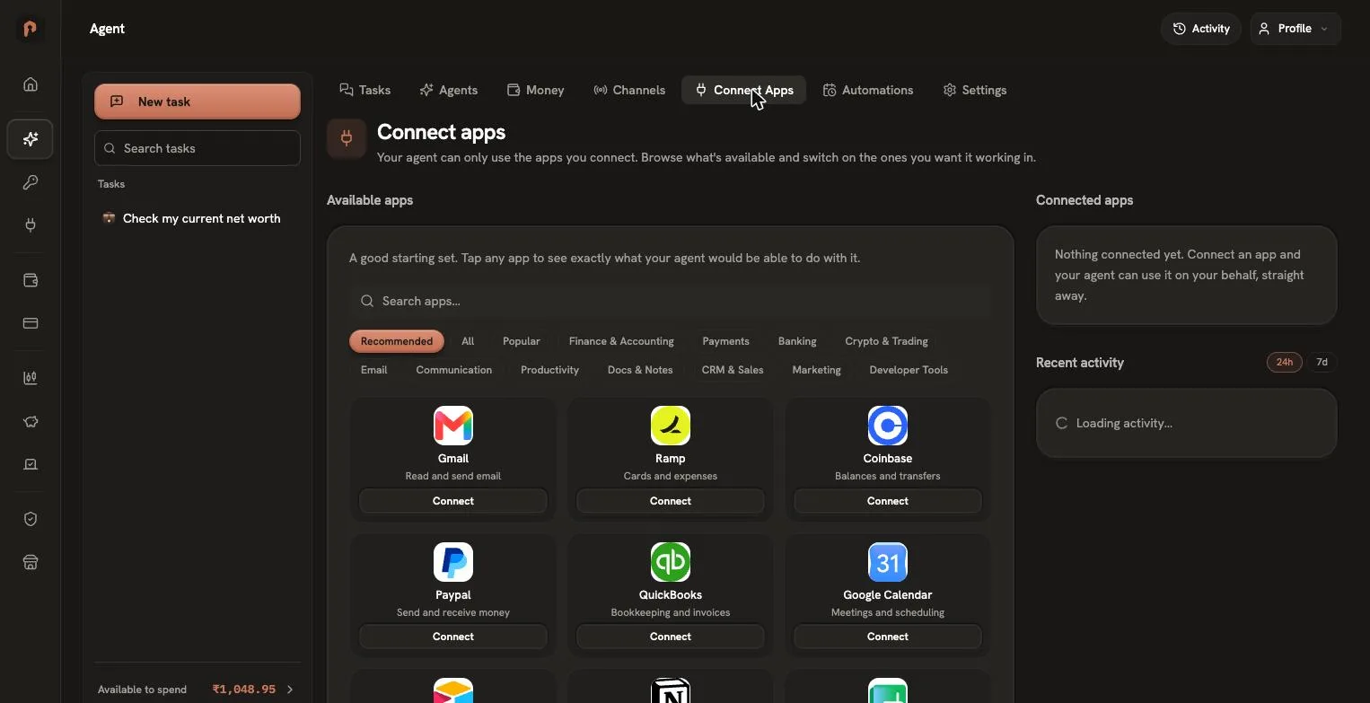 Searchable, categorised catalog inside the workspace tab bar.