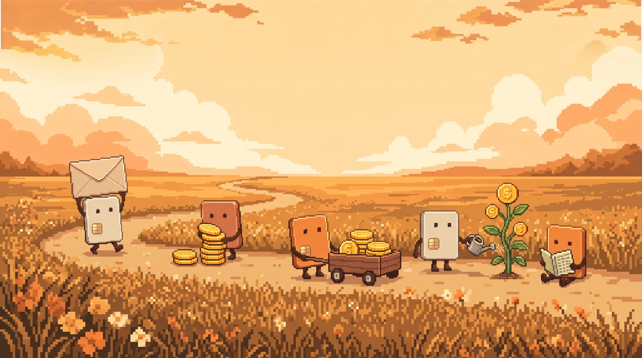 **Automations.** Five mascots doing little jobs along a path. Sits in the centre of the constellation scene.