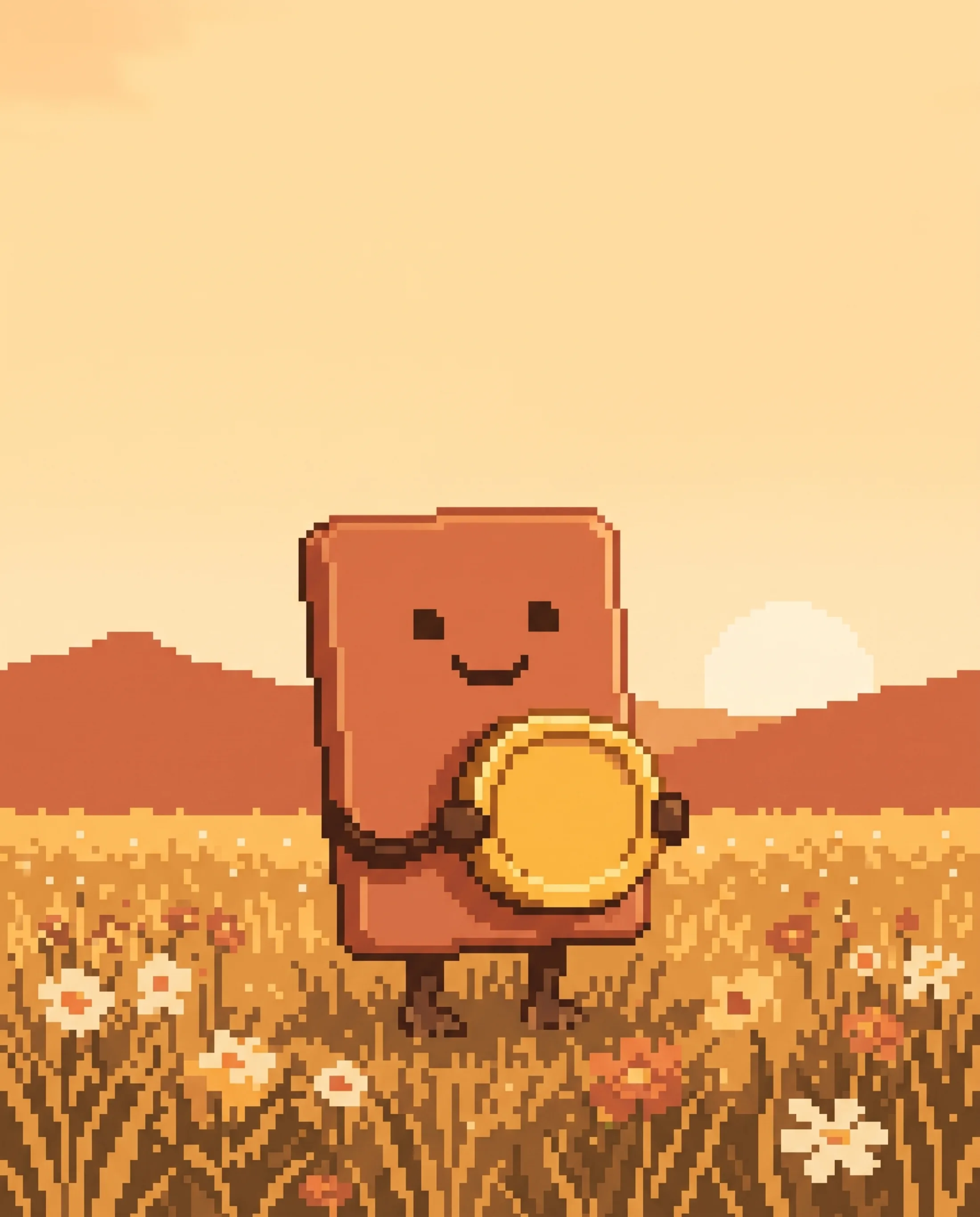 **Control.** The mascot holding up a gold coin, portrait. Rotated and dropped on the "With Perflo" card like a wax seal.