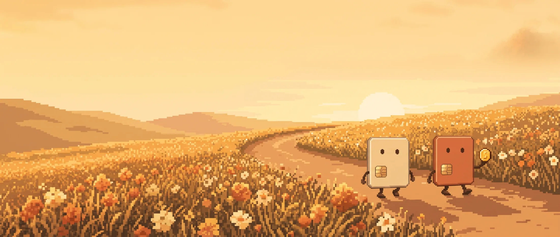 **Hero.** Two mascots walking a path through the valley. Regenerated at 2200 by 934 so the headline could own the left half. Used as a mounted print with parallax and a slow scroll zoom.