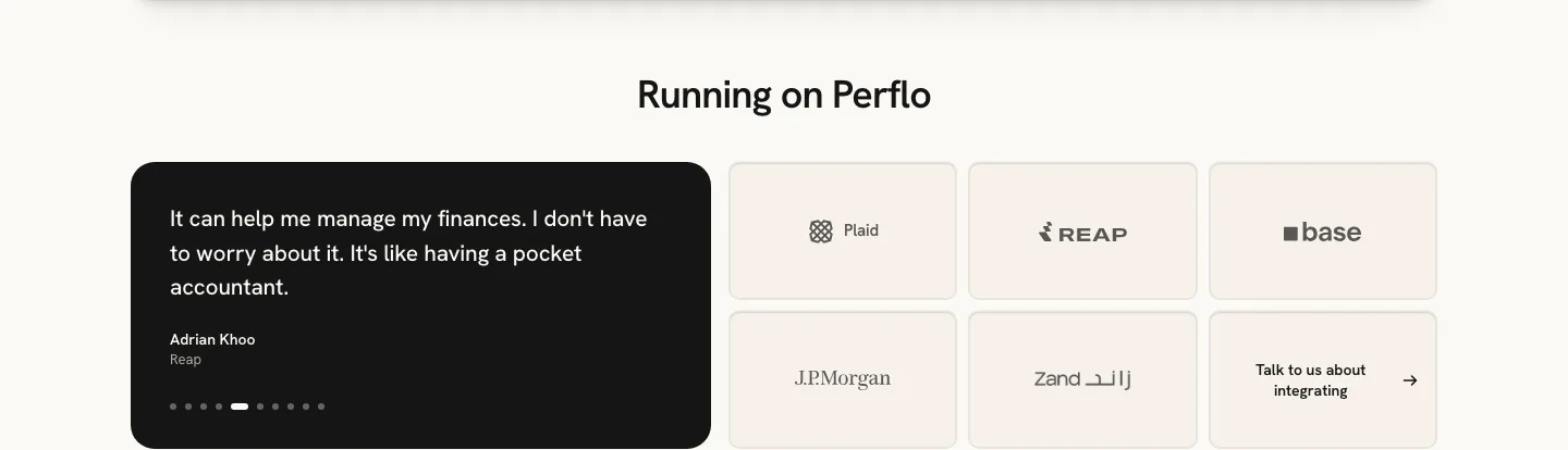 Live. One quote visible, six dots, a logo grid.