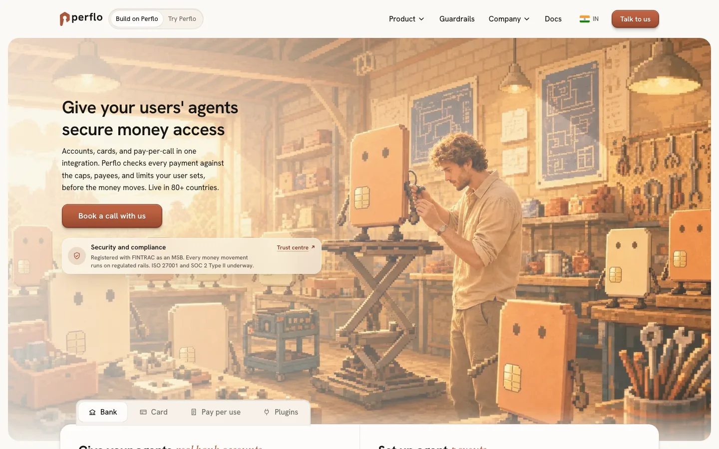The live hero at 1440. Headline and a compliance card in the left third, the workshop scene behind, and the four product tabs pinned to the bottom edge, straddling into the next section.