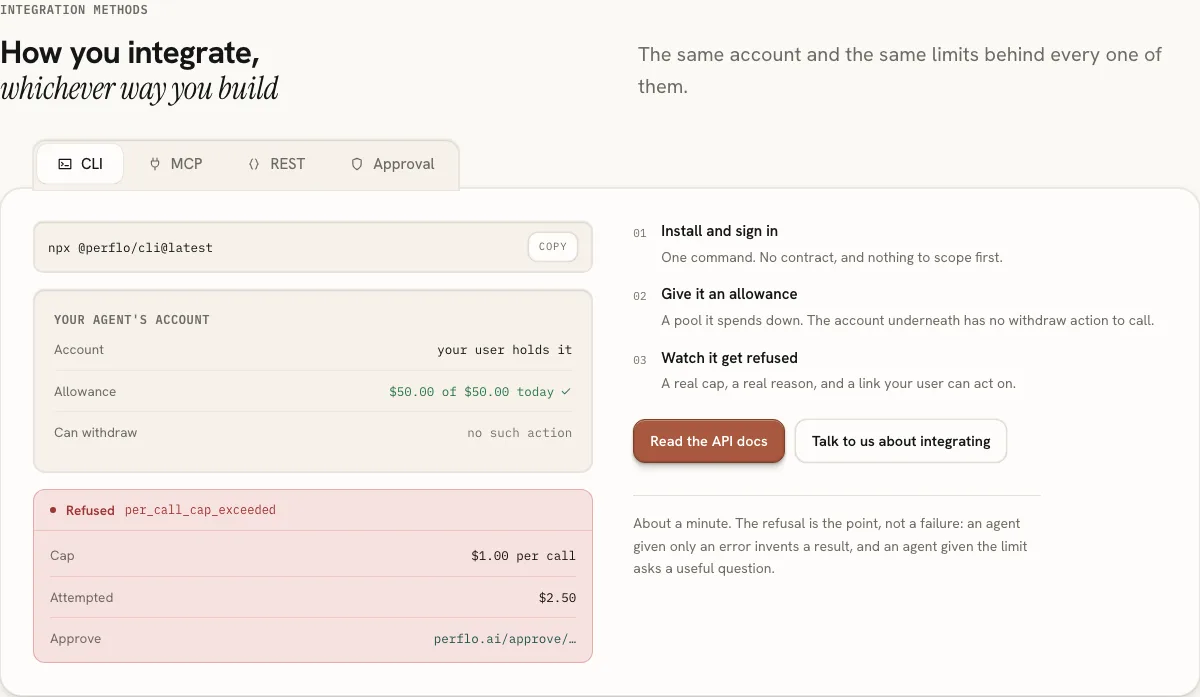 "How you integrate, whichever way you build": a tabbed code panel with a sign-in walkthrough beside it.