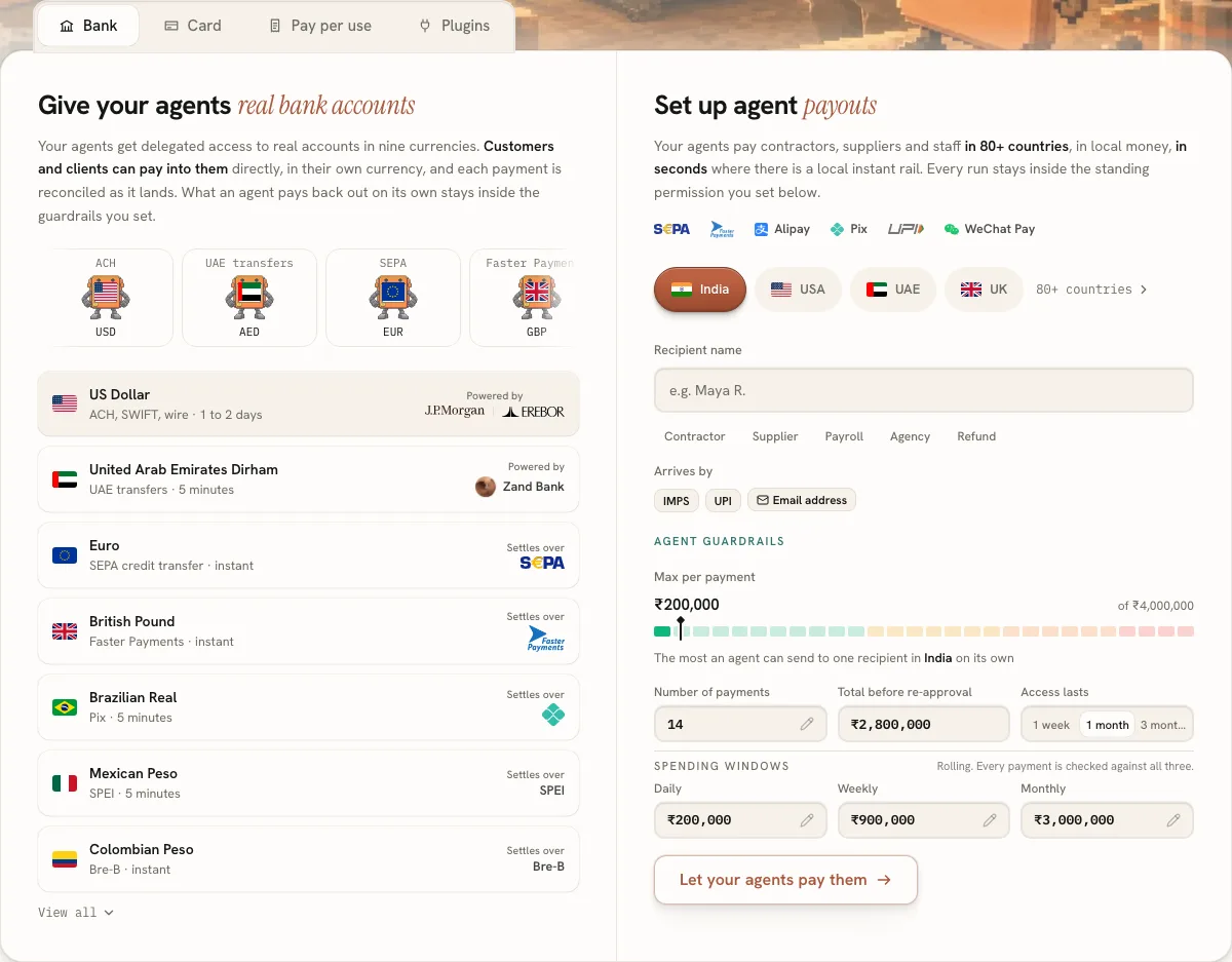 **Bank.** Nine rails and a "Set up agent payouts" form with per-payment, per-window and re-approval fields.