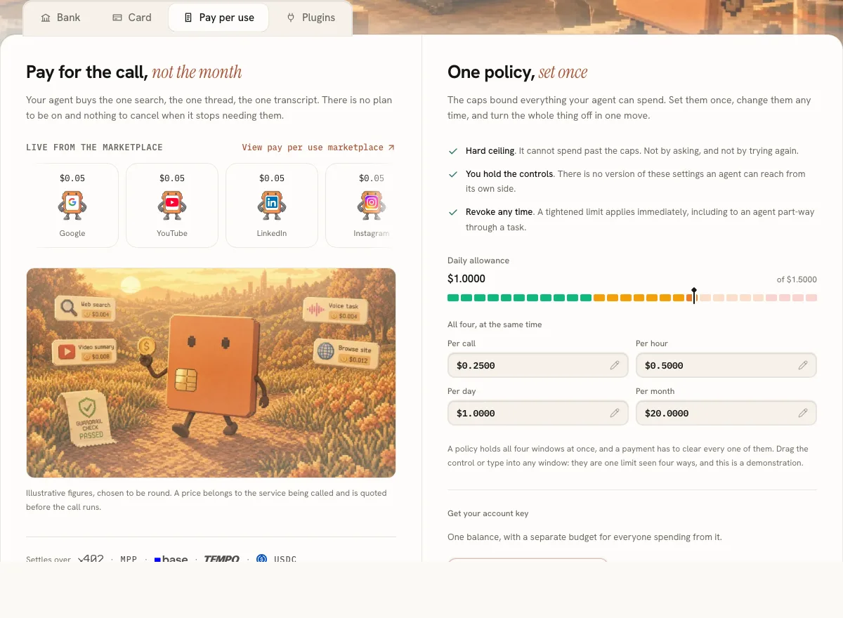 **Pay per use.** A price grid from the marketplace and a "One policy, set once" cap panel.