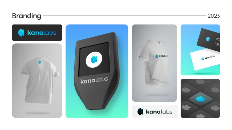 Kana Labs branding applications across apparel, a hardware wallet, signage and social tiles