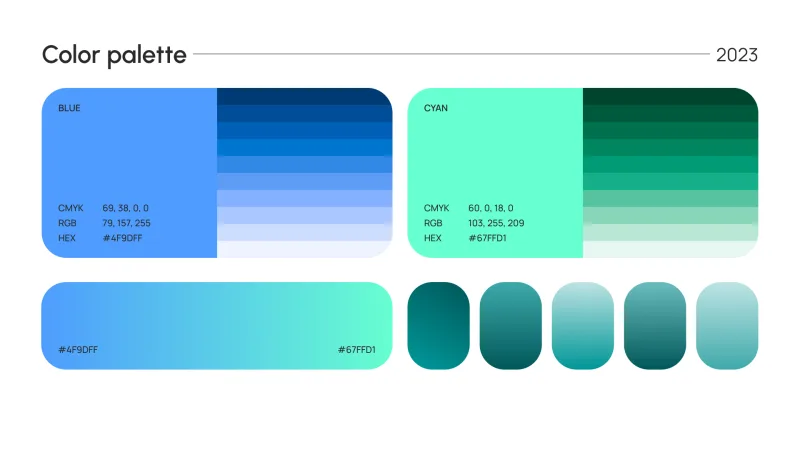 Kana Labs brand book colour palette page showing blue and green gradient ramps with hex values