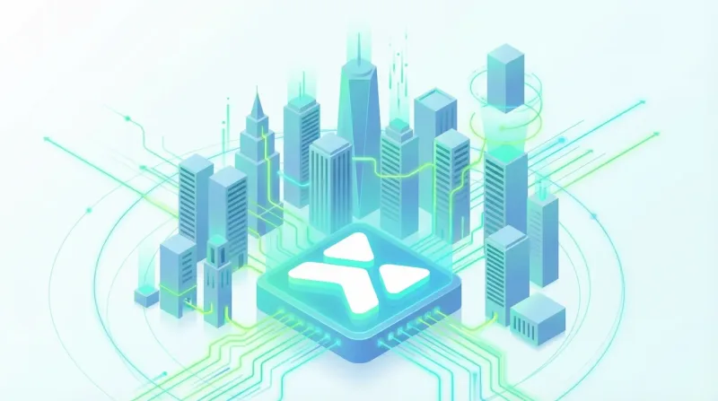 Pale isometric illustration of a city skyline around a glowing X mark