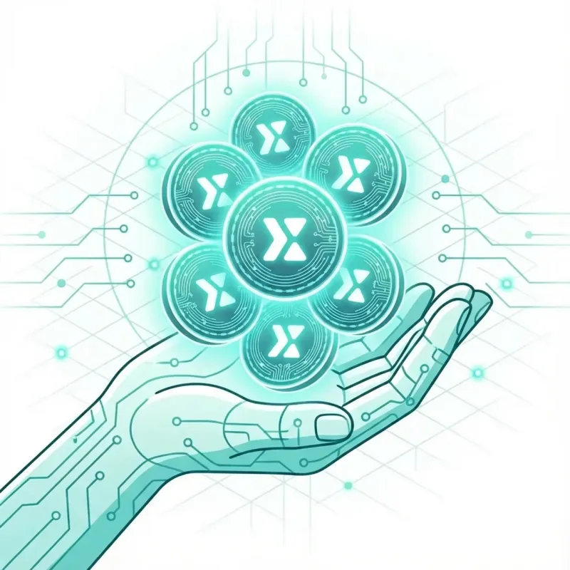 Line illustration of an open hand holding a cluster of hexagonal X tokens