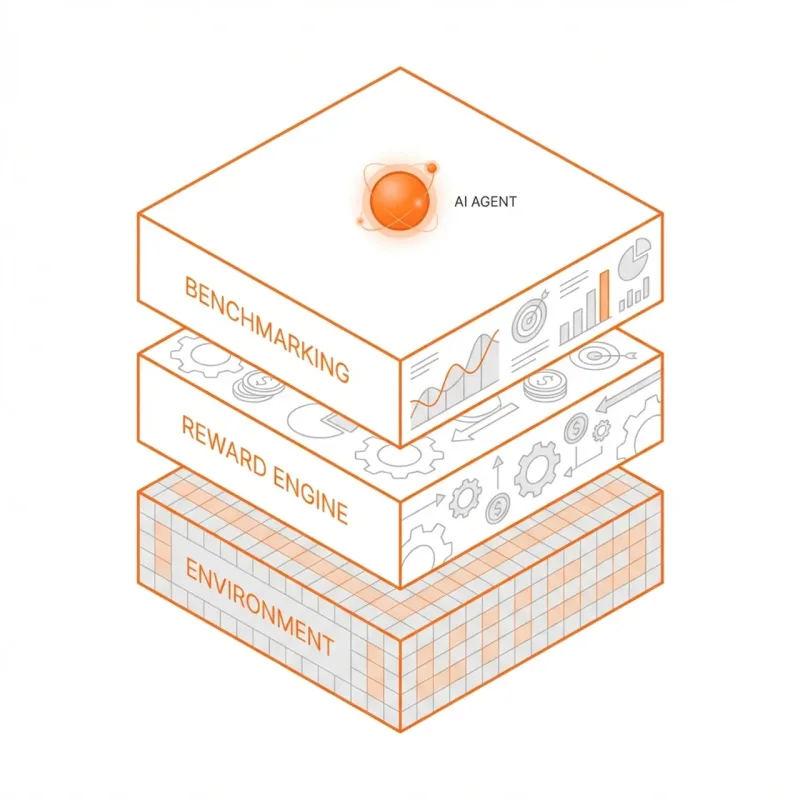 Isometric line-drawn diagram of three stacked platform layers