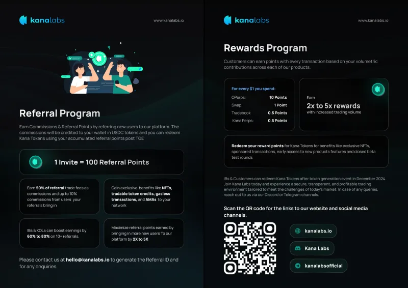 Kana Labs A4 flyer, both sides: referral programme and rewards programme with a QR code