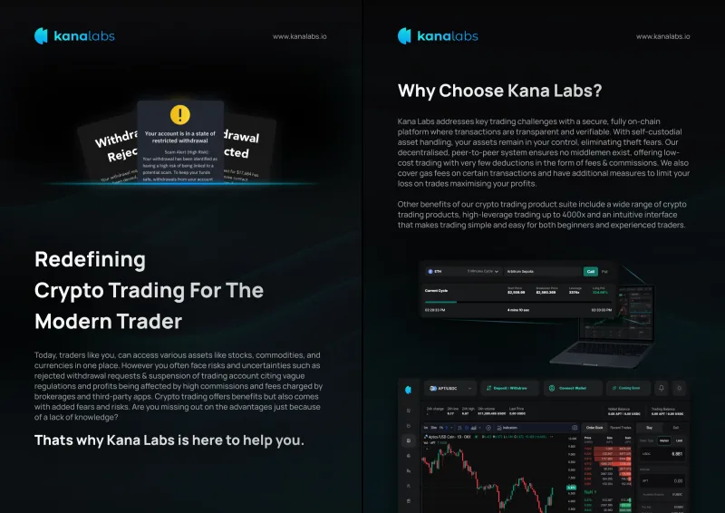 Kana Labs A4 flyer, both sides: redefining crypto trading and why choose Kana Labs