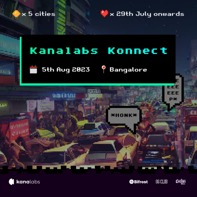 Kanalabs Konnect Bangalore poster with pixel-art city traffic and a green terminal title card