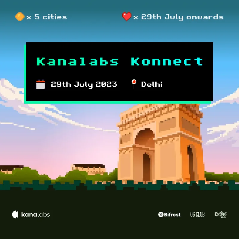 Kanalabs Konnect Delhi poster with pixel-art India Gate at sunrise
