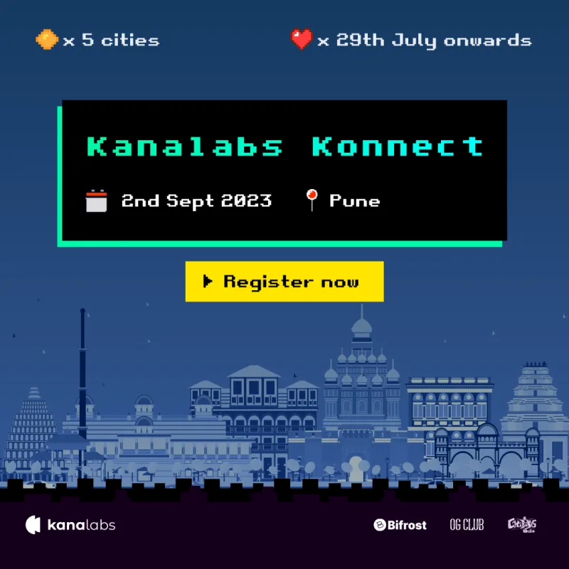 Kanalabs Konnect Pune poster with a pixel-art city skyline in blue