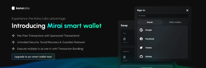 Mirai smart wallet wide header banner showing a social sign-in panel