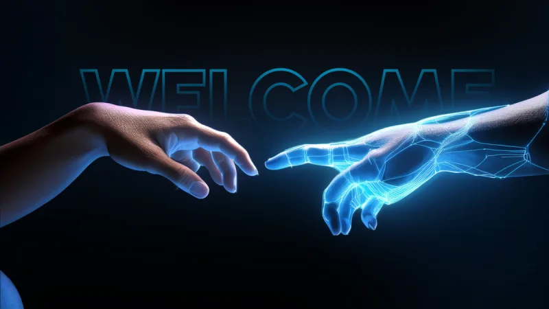 Welcome banner with a human hand meeting a glowing digital hand