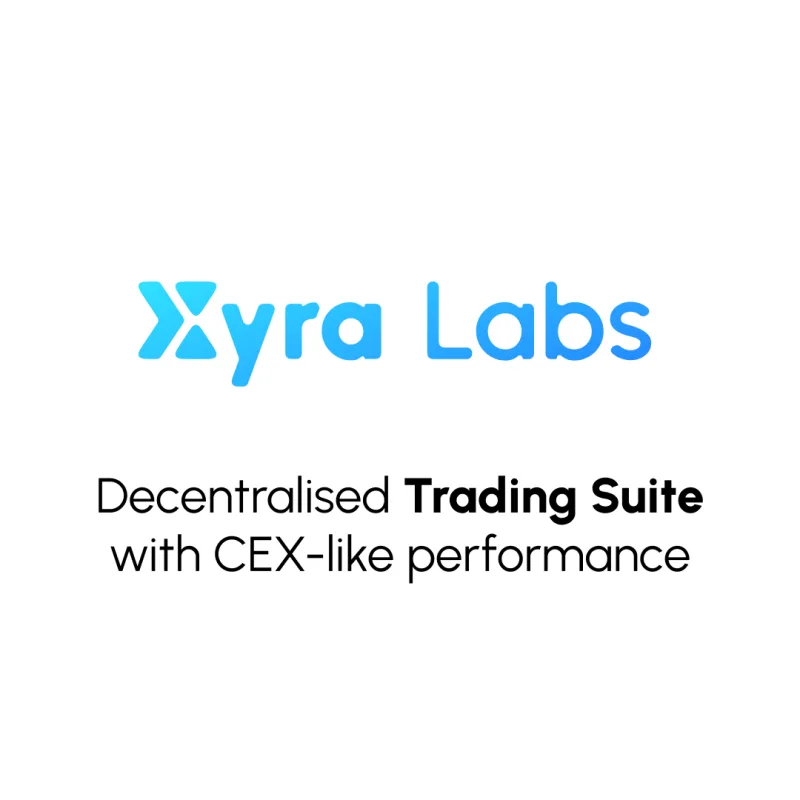 Xyra Labs booth panel artwork: wordmark above the line decentralised trading suite with CEX-like performance