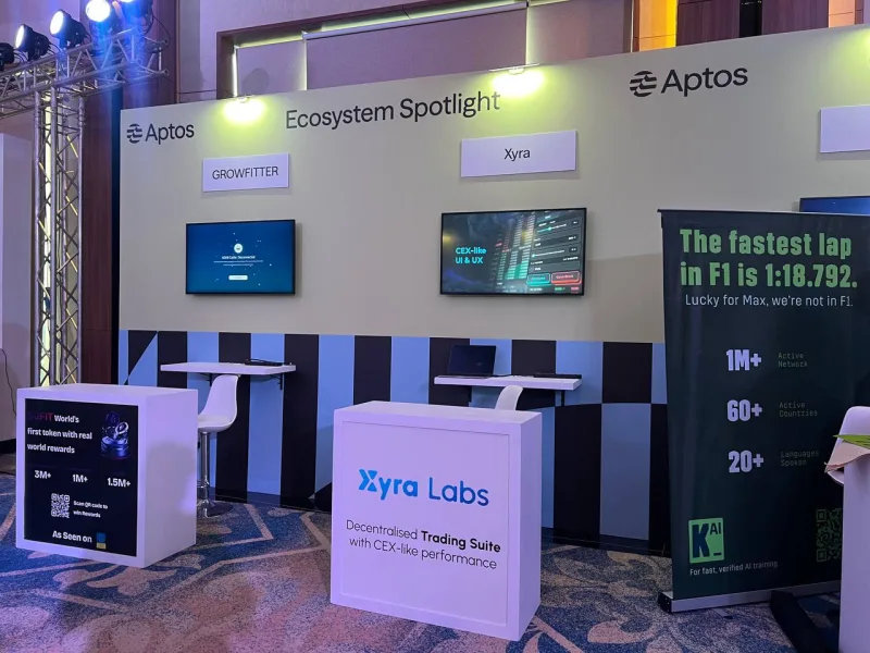 Photograph of the Xyra Labs stand at India Blockchain Week 2025 inside the Aptos ecosystem spotlight area