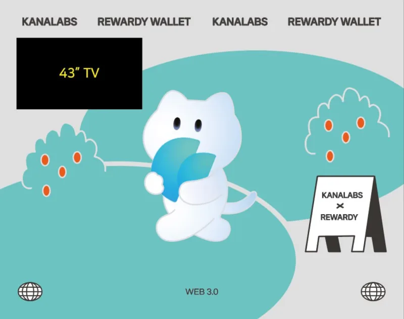 Kana Labs and Rewardy Wallet collaboration booth wall artwork with a white cat mascot on teal