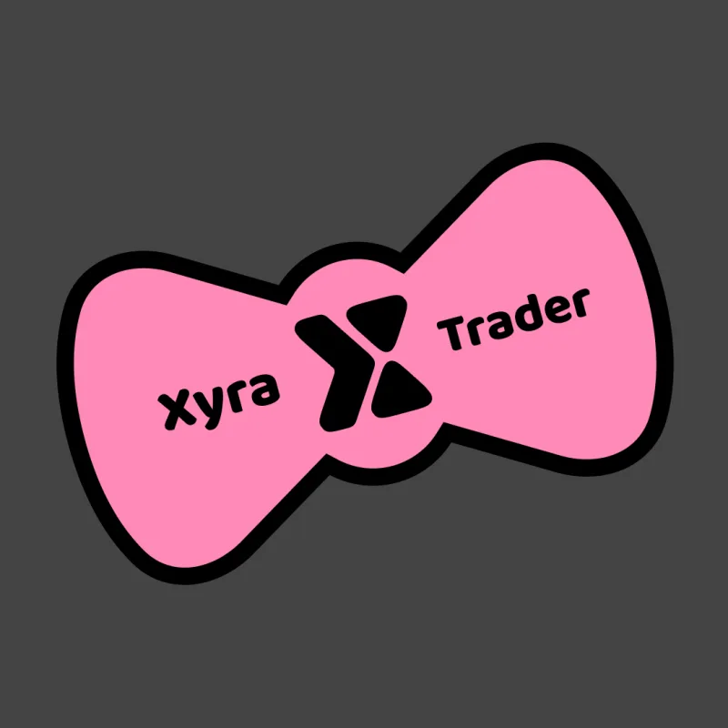 Pink bow-shaped Xyra Trader tag artwork with a heavy black outline