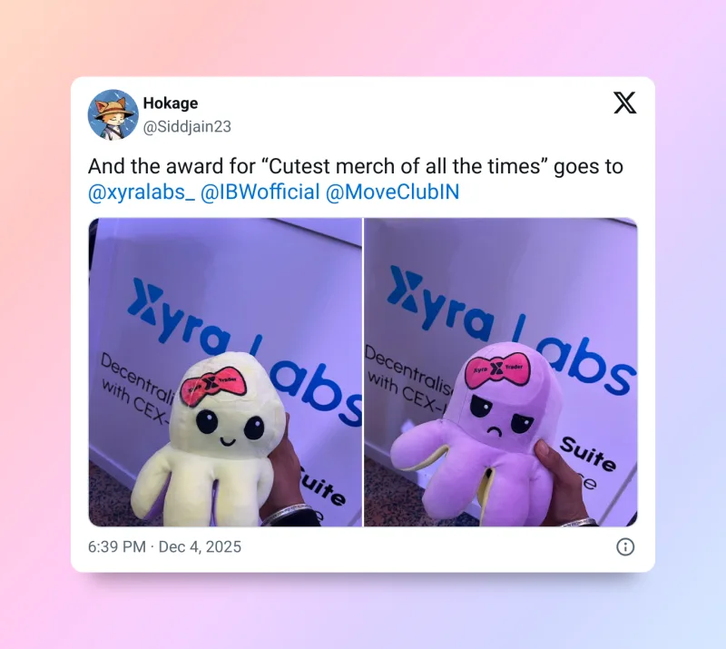 Screenshot of a tweet awarding cutest merch of all times to the Xyra Labs plushie