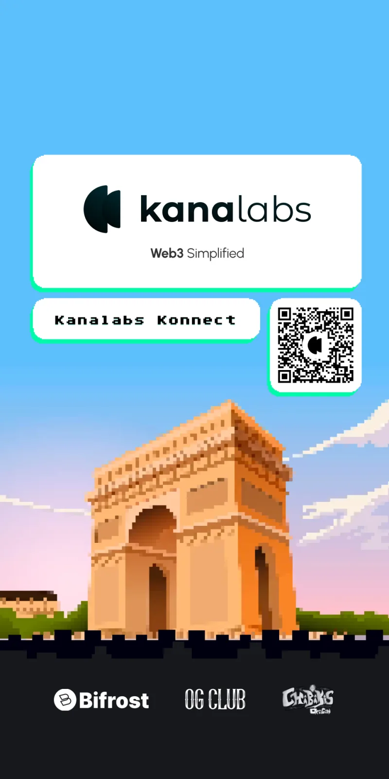 Kanalabs Konnect standee with a pixel-art India Gate, a QR code and partner logos