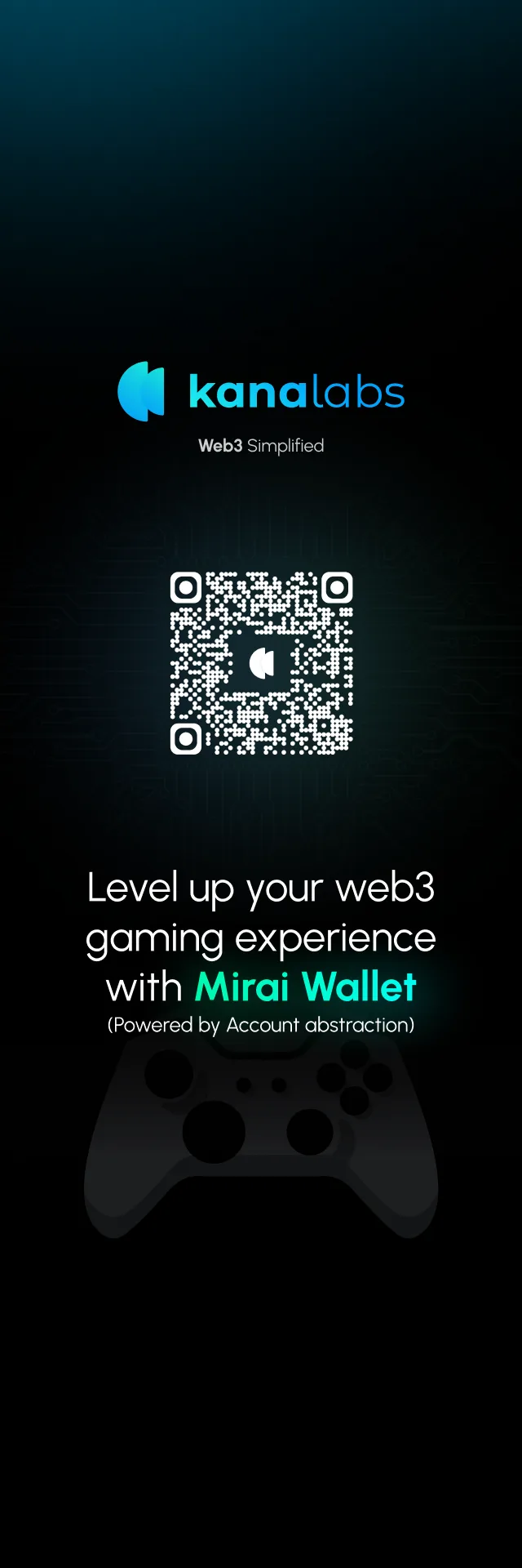 Tall Kana Labs standee for Mirai Wallet with a QR code and a game controller illustration