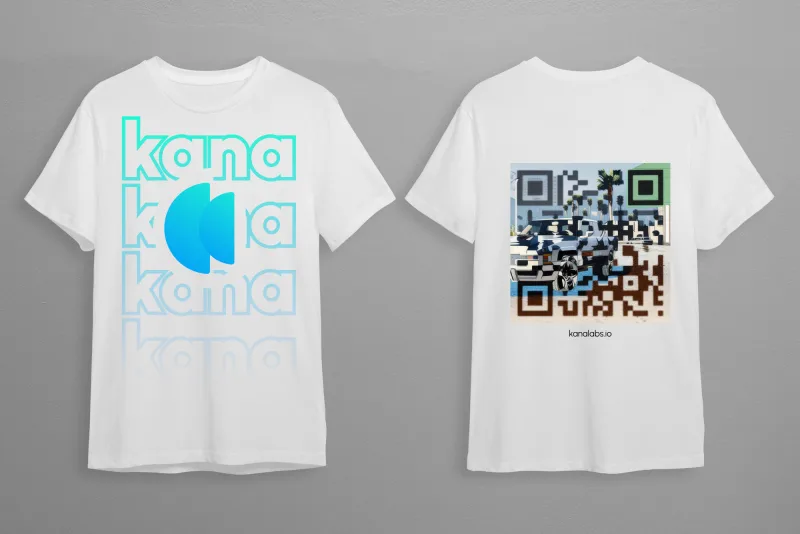 White t-shirt mockup, front and back, with a repeated kana wordmark and a QR code