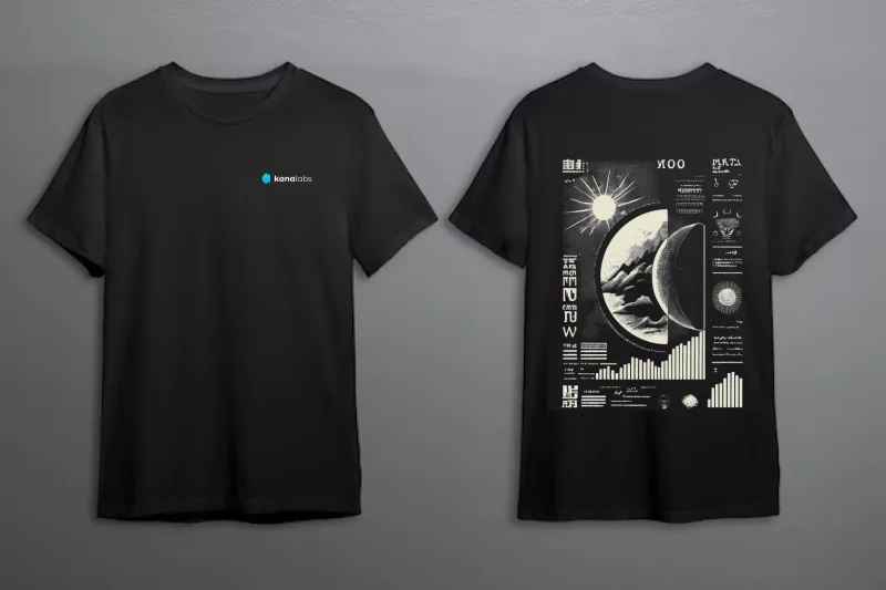 Black t-shirt mockup, front and back, with a monochrome moon and celestial chart graphic