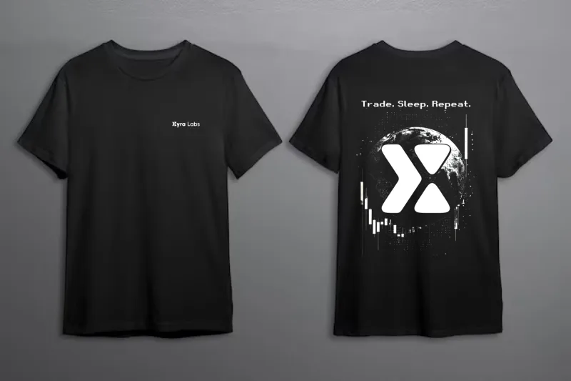 Black t-shirt mockup, front and back, with an Xyra X mark rendered as ink splatter